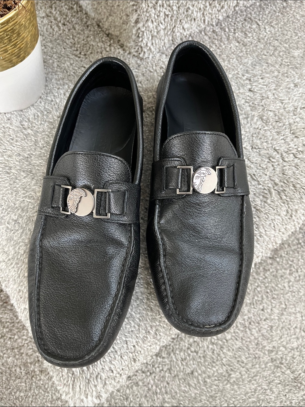 Versace Collection Black Leather Slip-On Loafers with Silver Medallion